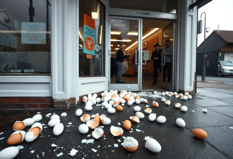 Aftermath of a social media prank with broken eggshells outside a business.