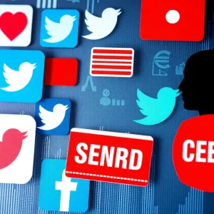 Illustration of social media symbols representing free speech and censorship.