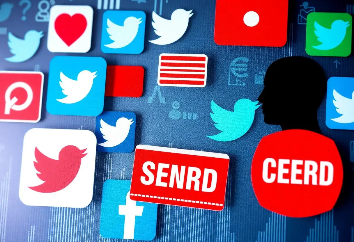 Illustration of social media symbols representing free speech and censorship.