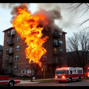 Three-story apartment building on fire, with emergency responders present.