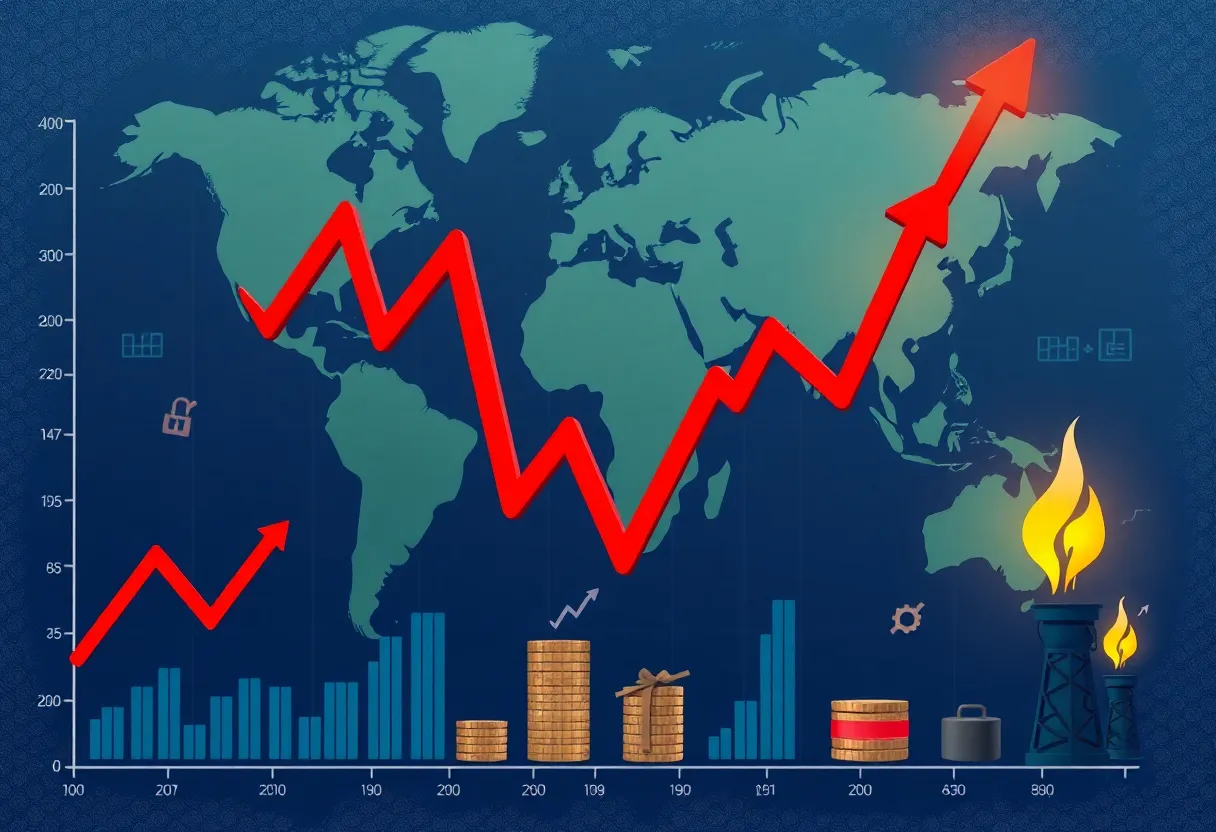 Graph showing stock market decline with rising oil prices.