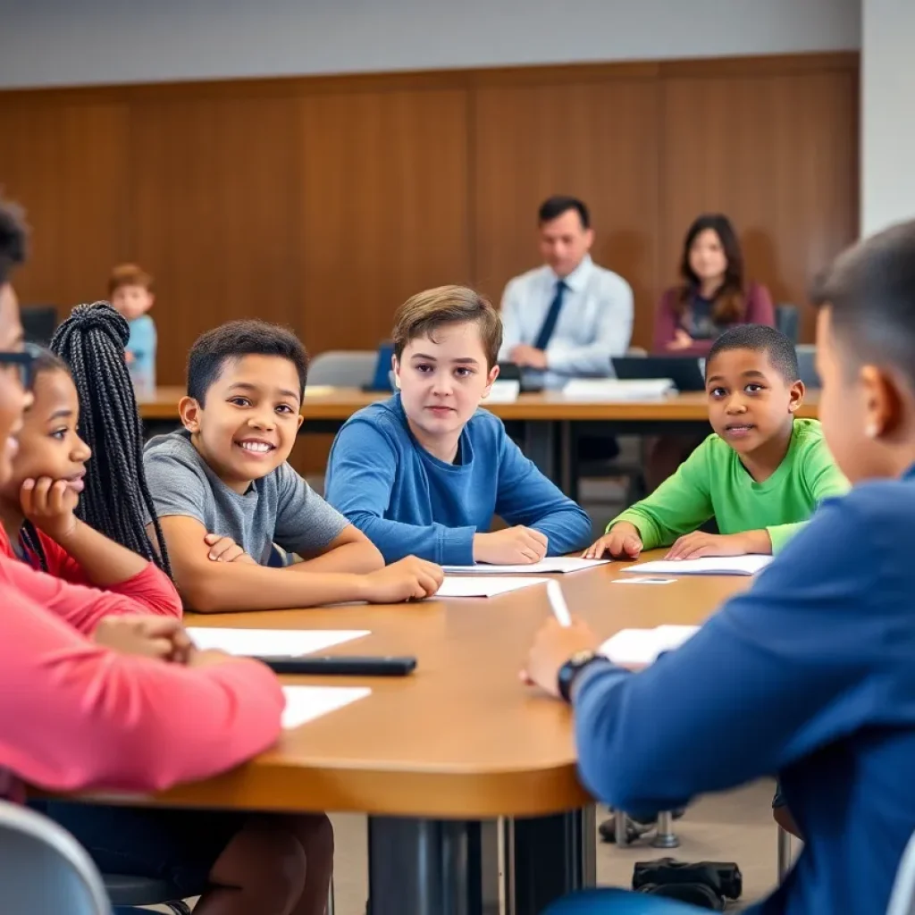 Diverse students participating in a school board meeting.