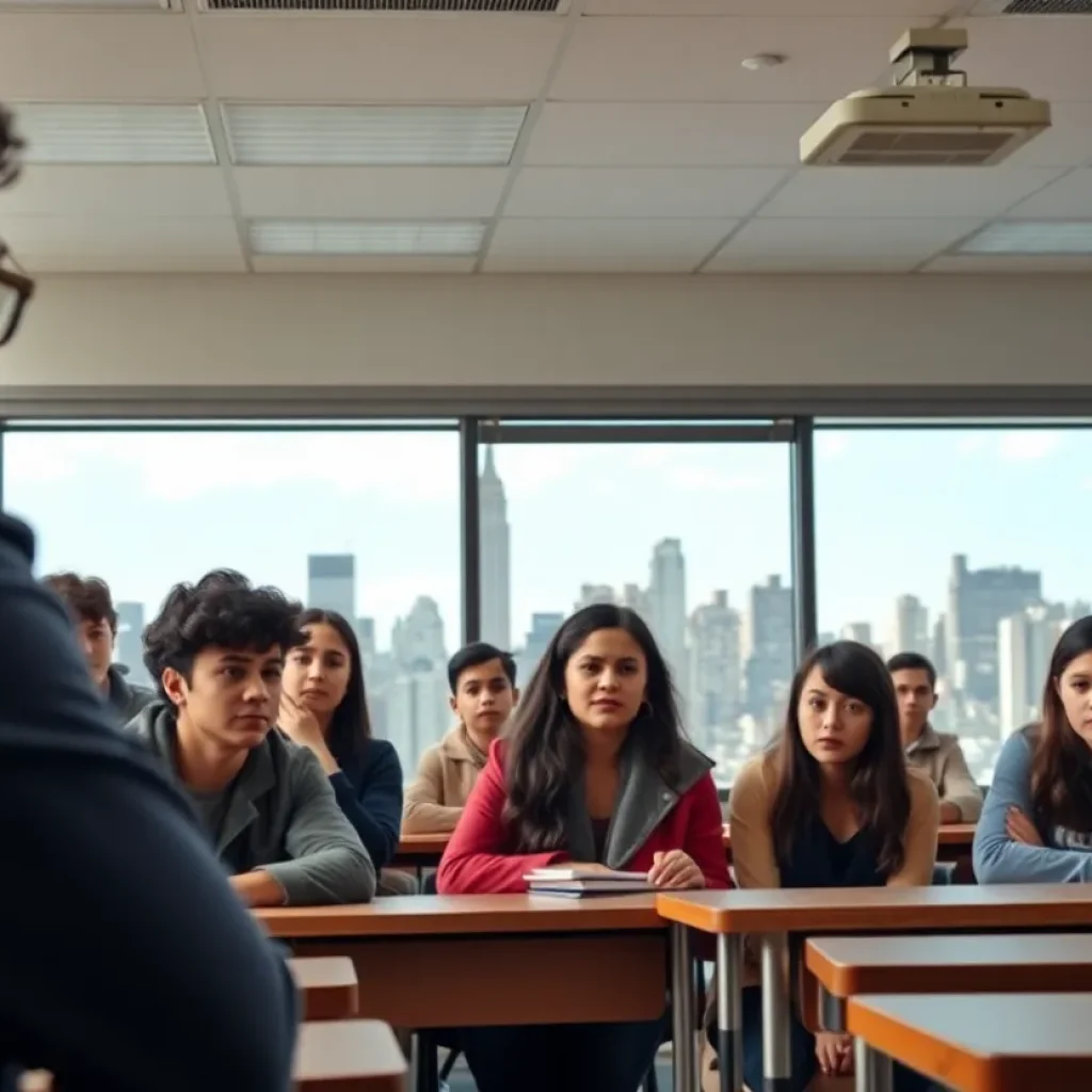 Students in a classroom engaging in discussion about immigration challenges.