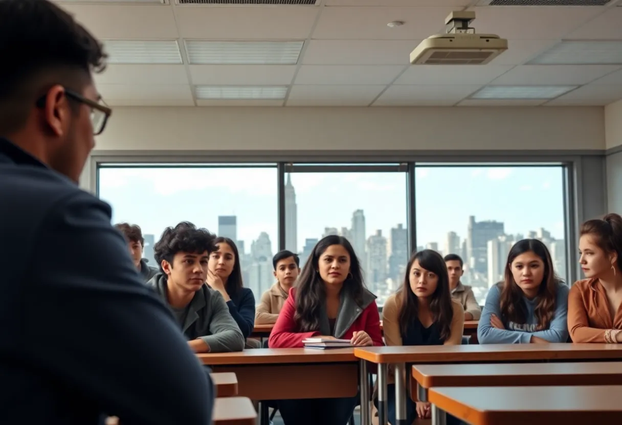 Students in a classroom engaging in discussion about immigration challenges.