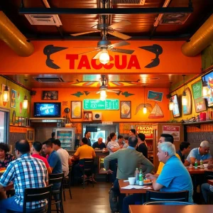 Interior of Tacos del Barrio with customers enjoying tacos