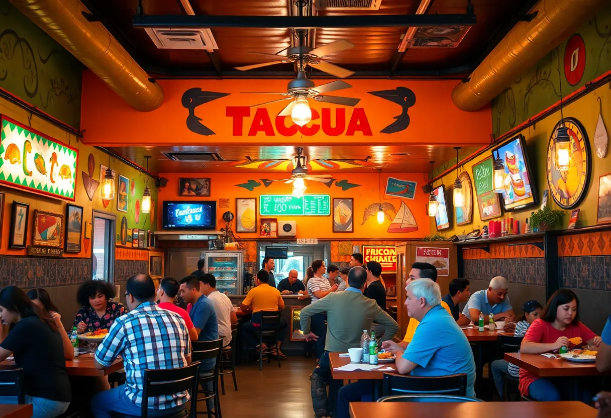 Interior of Tacos del Barrio with customers enjoying tacos