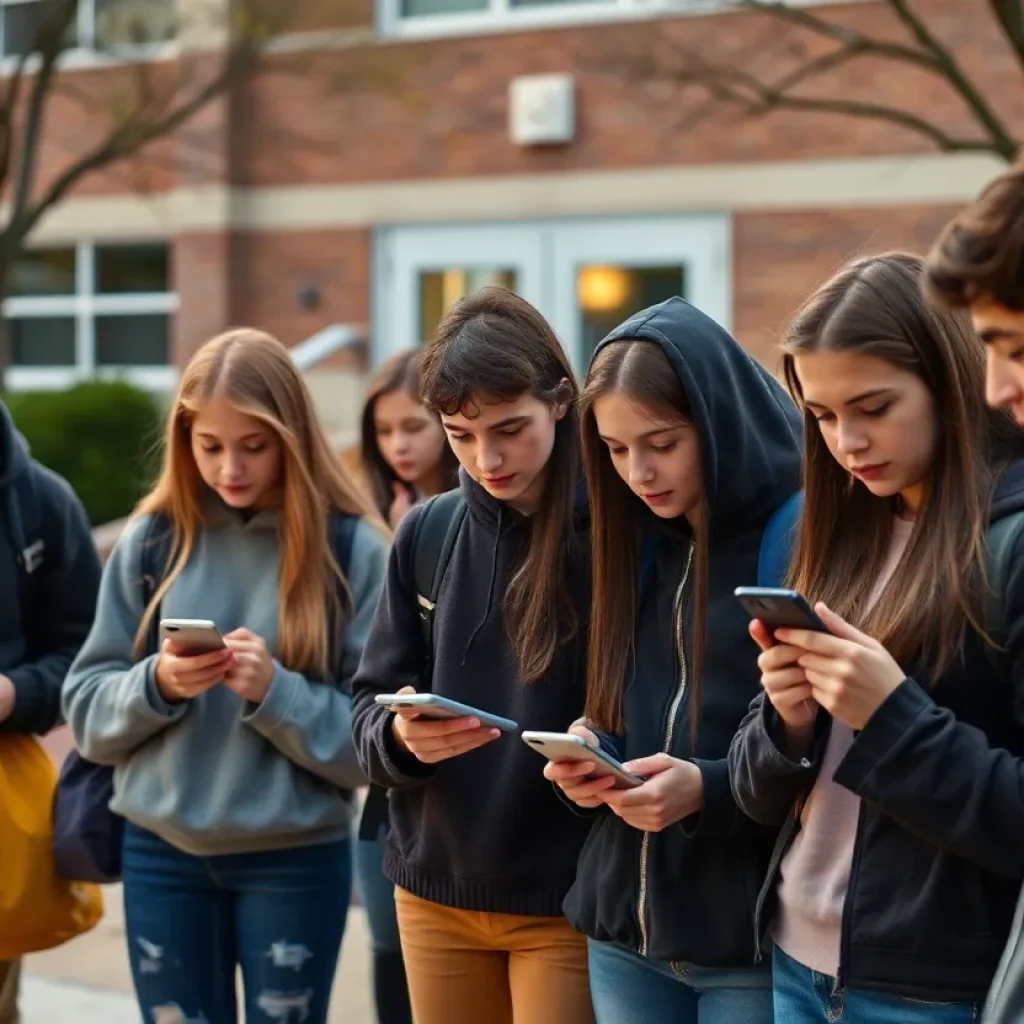 High school students discussing vaping health concerns outside of school.
