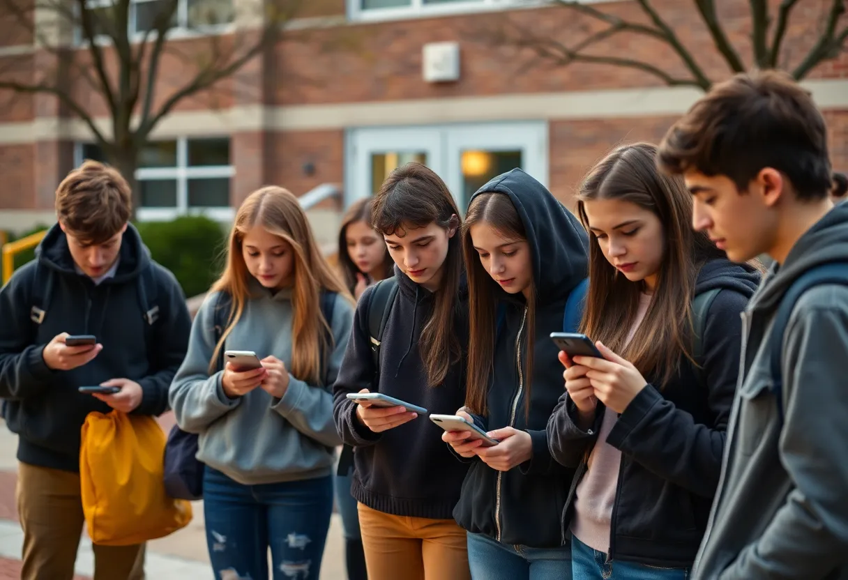 High school students discussing vaping health concerns outside of school.