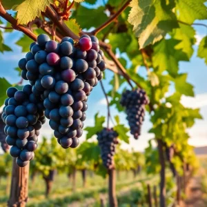 A scenic vineyard filled with ripe grapevines under a blue sky.