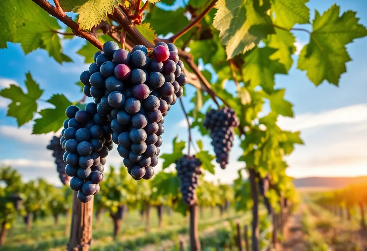 A scenic vineyard filled with ripe grapevines under a blue sky.