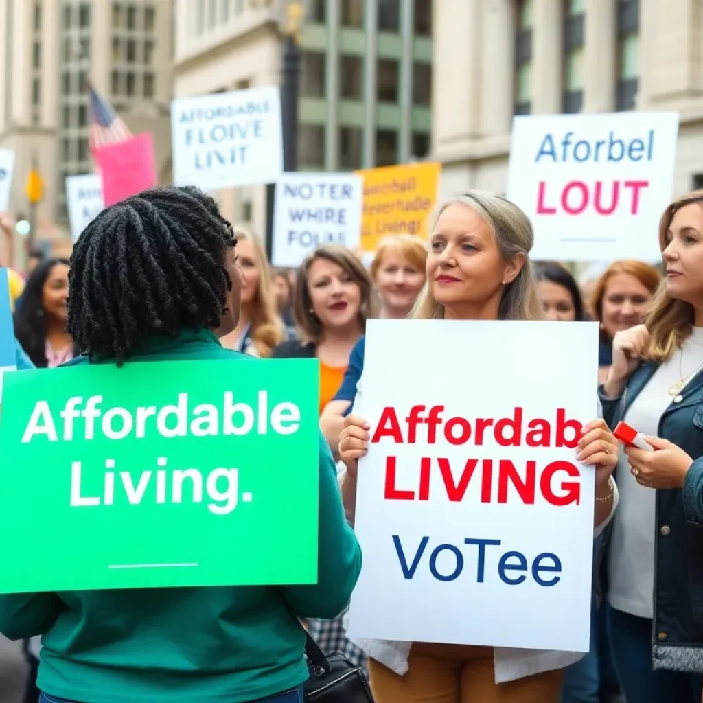 A diverse group of voters at a city rally discussing affordable living issues.