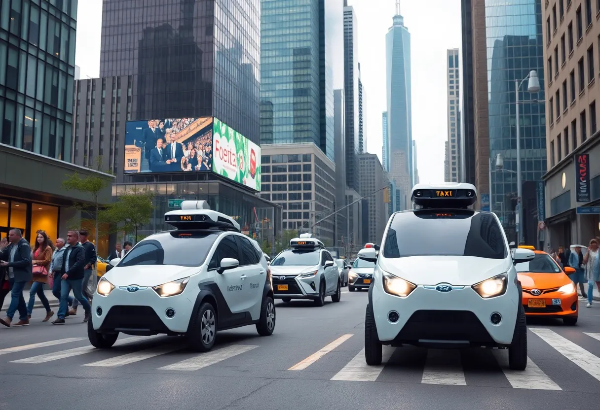 Autonomous robotaxis in Manhattan street displaying modern technology.