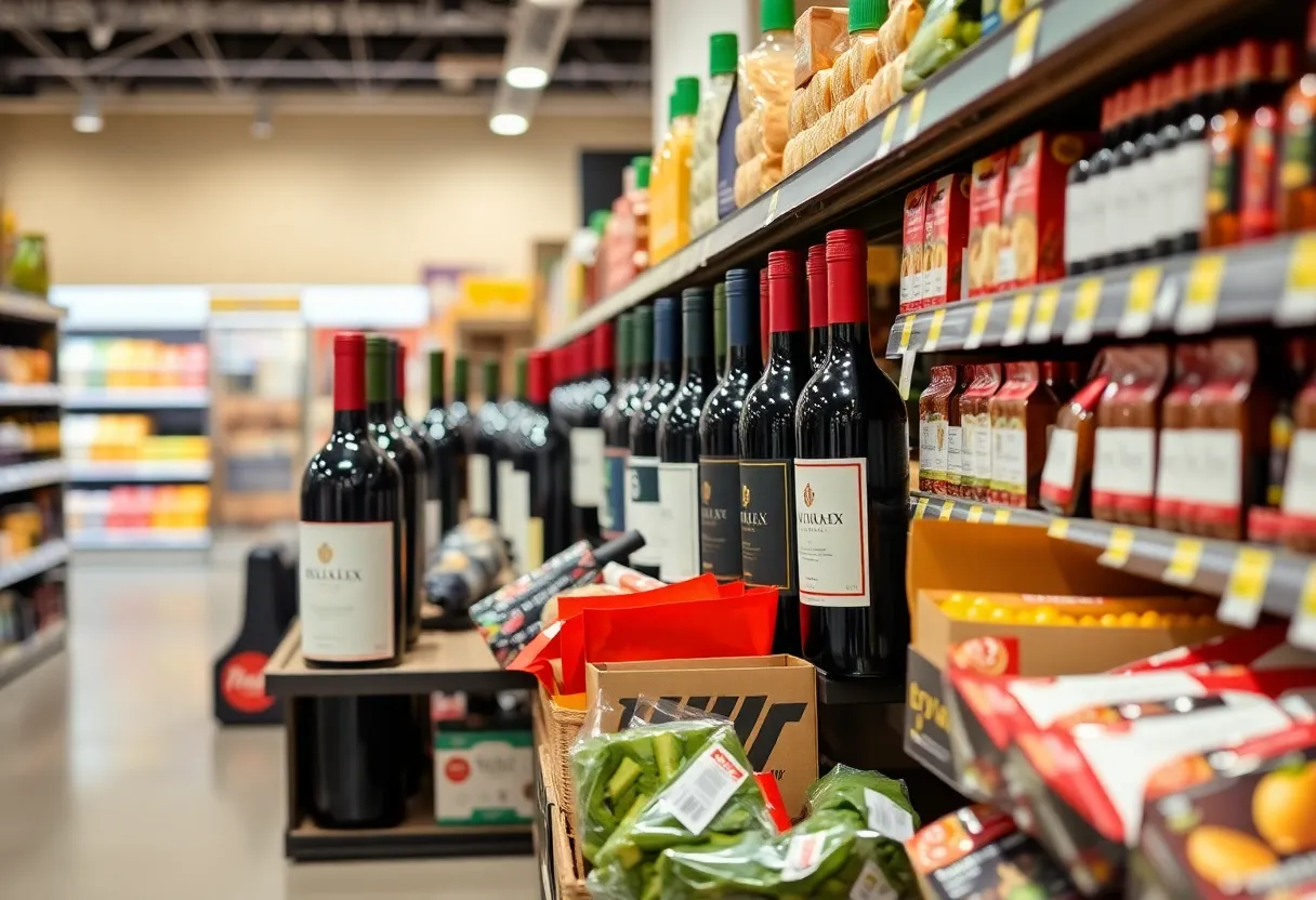 Grocery store aisle displaying wine bottles next to various grocery products.