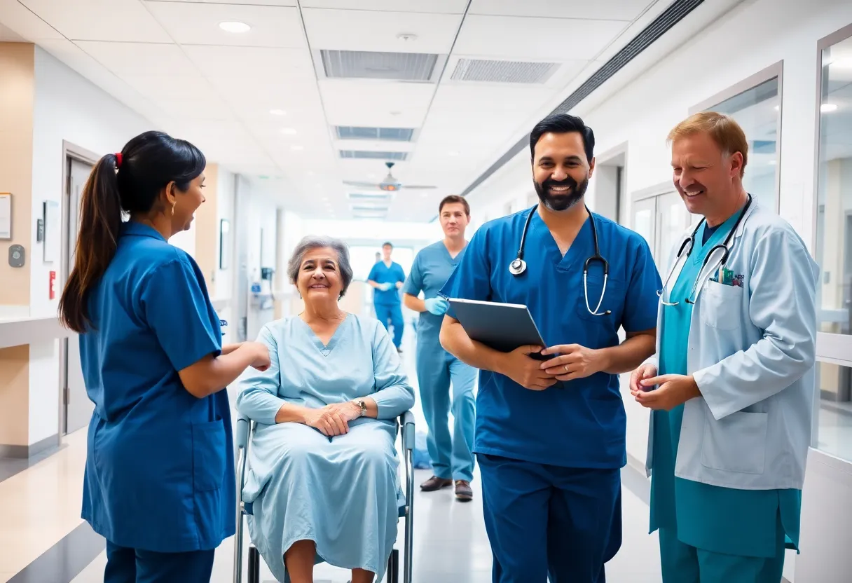Modern healthcare facility with patients and healthcare providers