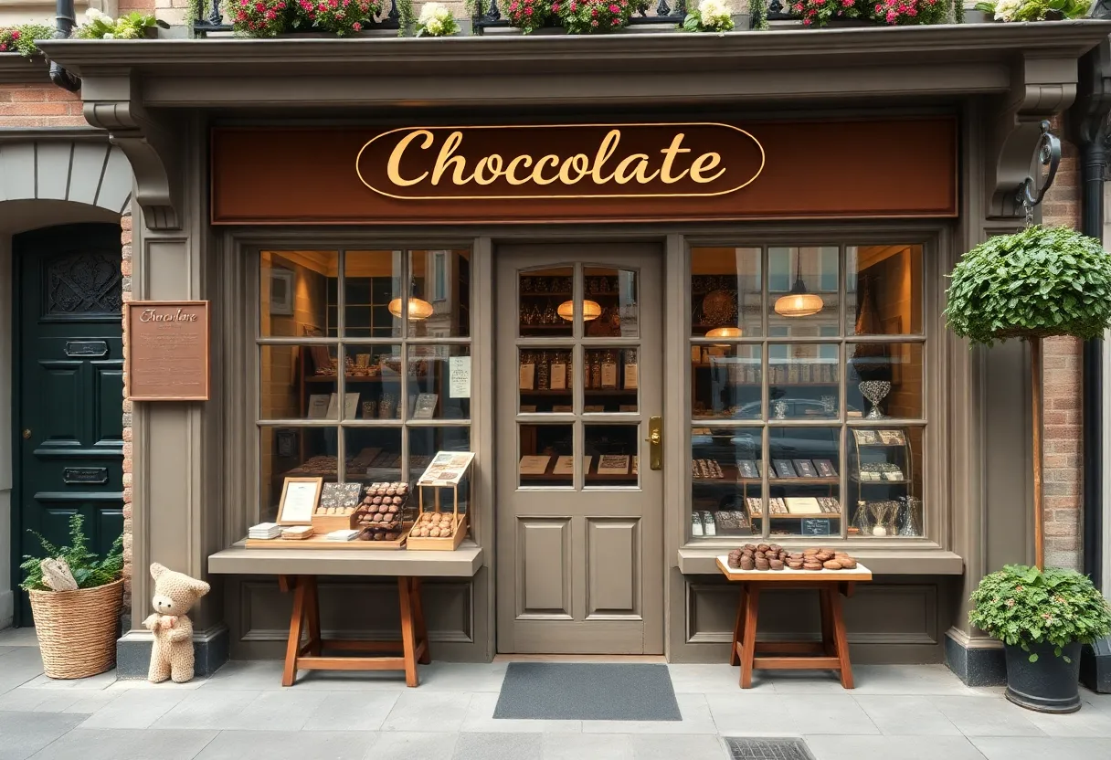 Exterior of Aigner Chocolates, a historic candy shop in Forest Hills.