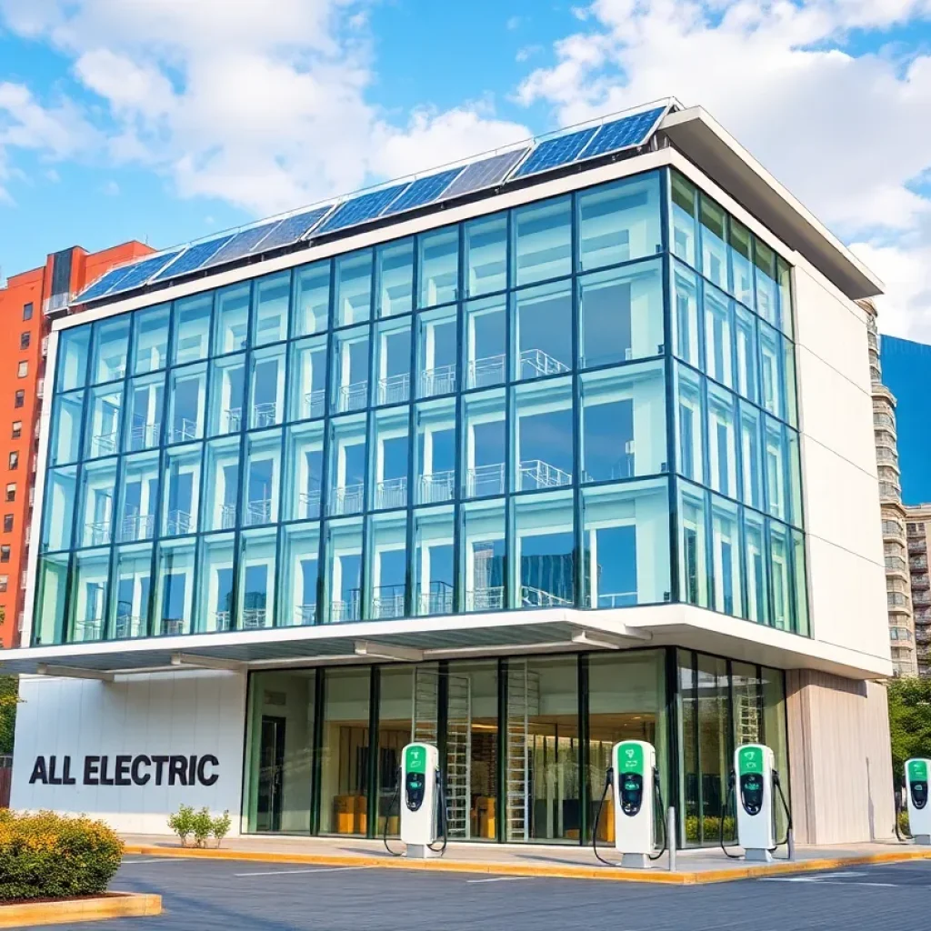 Concept of a modern all-electric building with solar panels