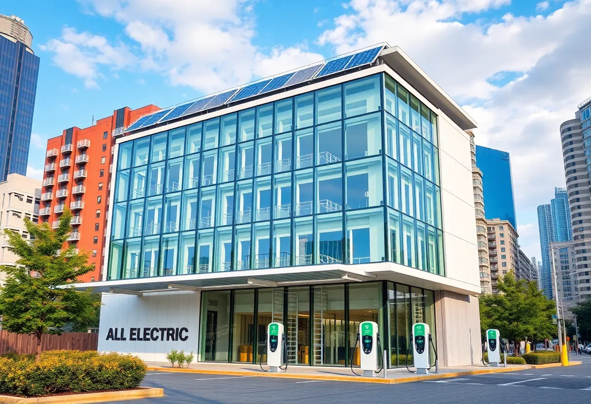 Concept of a modern all-electric building with solar panels