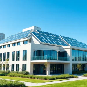 Modern all-electric building with solar panels