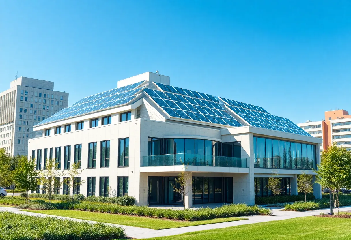 Modern all-electric building with solar panels