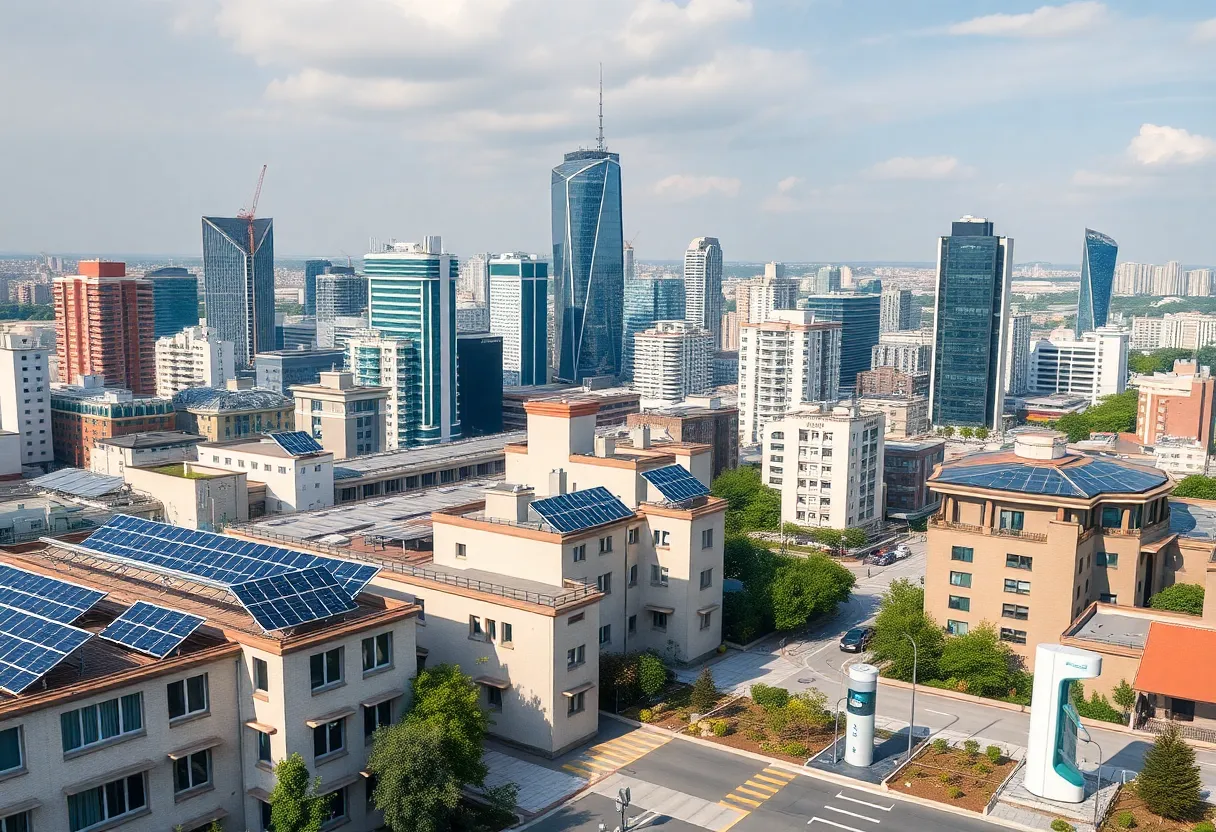 Render of all-electric buildings showcasing green infrastructure