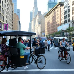 A lively street in New York featuring a pedicab surrounded by excited people.