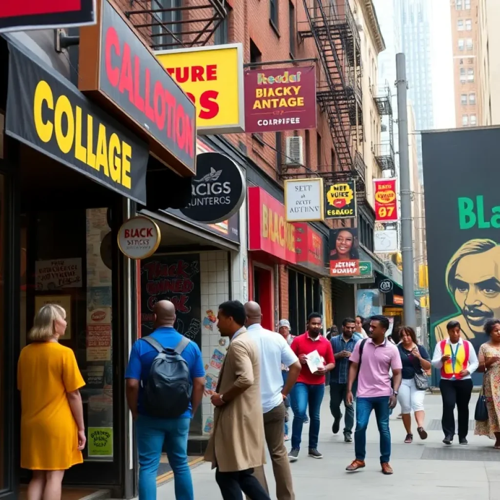 Vibrant scene of bustling New York City street showcasing Black-owned businesses