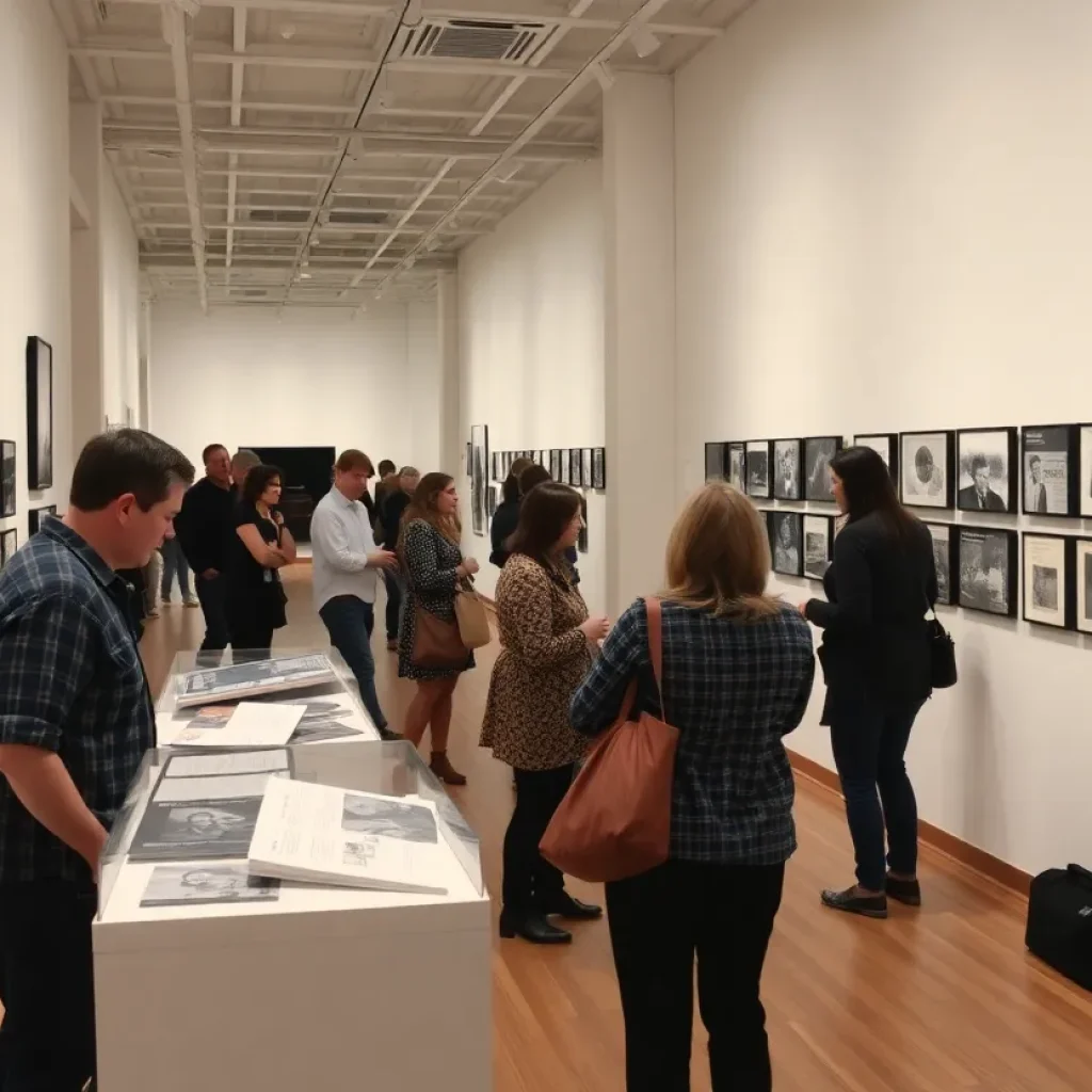 Visitors exploring the Bob Dylan exhibition featuring archival materials and films at NYU.