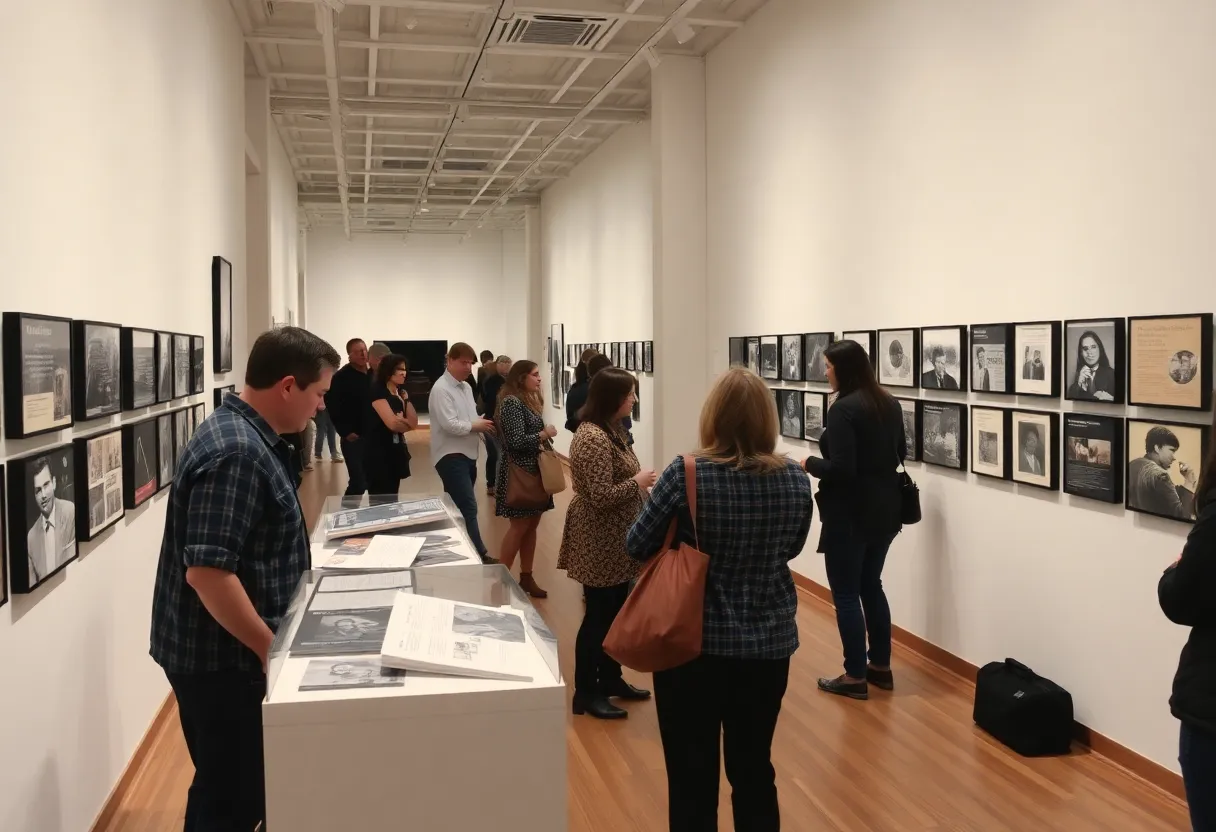 Visitors exploring the Bob Dylan exhibition featuring archival materials and films at NYU.