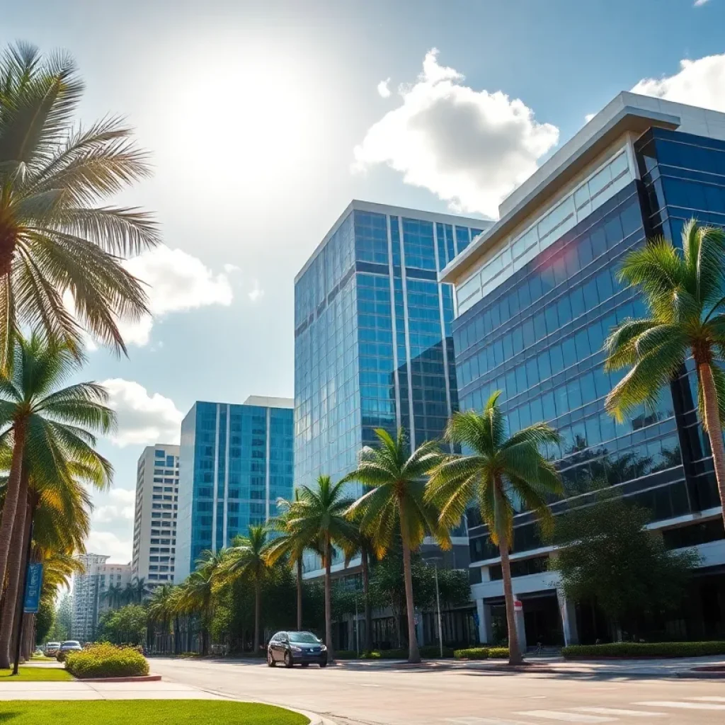 Cityscape of Boca Raton, Florida, highlighting office buildings and palm trees.