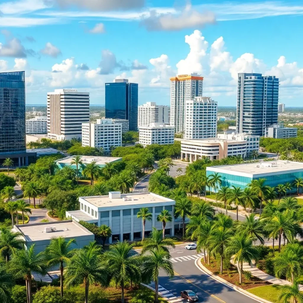 Skyline of Boca Raton with corporate buildings and palm trees.
