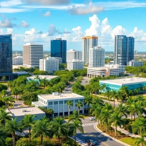 Skyline of Boca Raton with corporate buildings and palm trees.