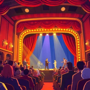 A lively Broadway theater with audience members enjoying a show.