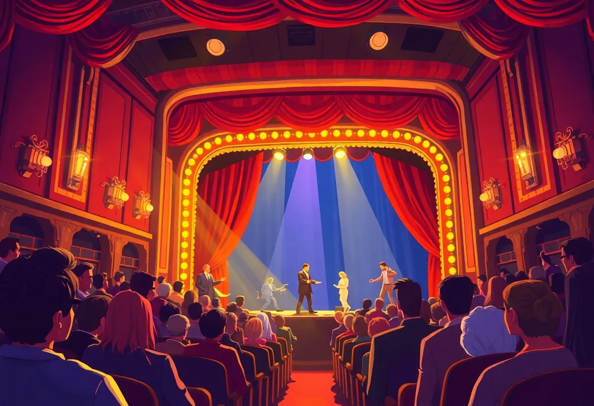 A lively Broadway theater with audience members enjoying a show.