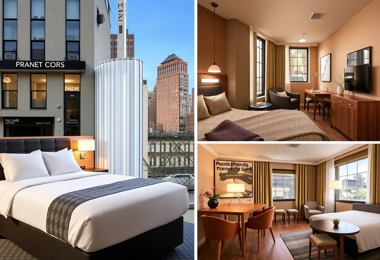 Images of budget-friendly hotels in New York City showcasing their stylish interiors and exteriors.