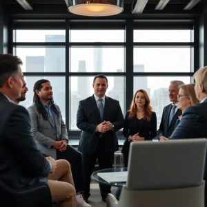 Business leaders discussing in a New York City conference room