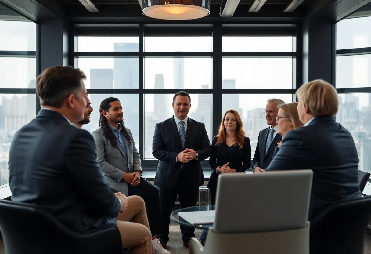 Business leaders discussing in a New York City conference room