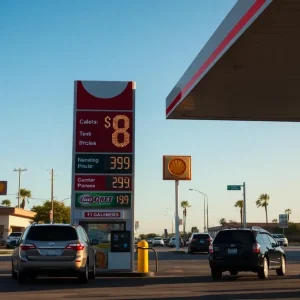 A gasoline station in California displaying high gas prices near $8 per gallon.