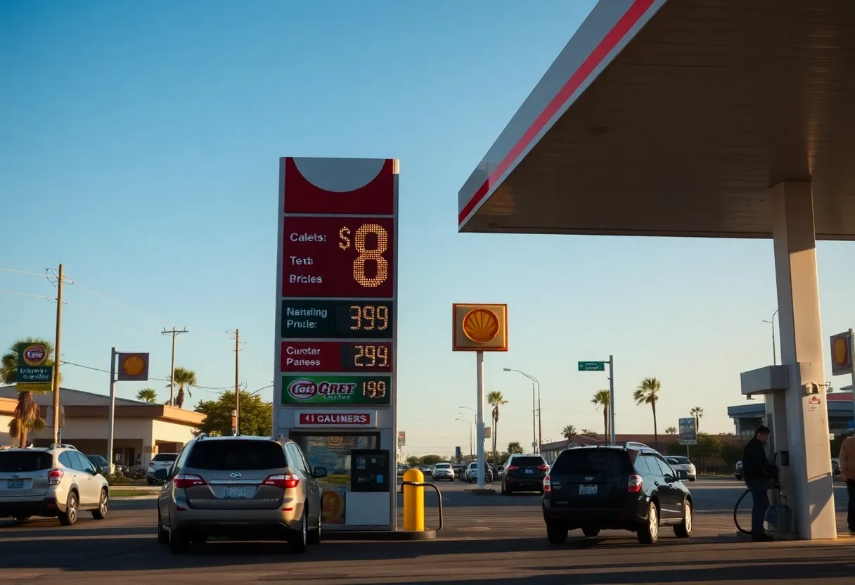 A gasoline station in California displaying high gas prices near $8 per gallon.