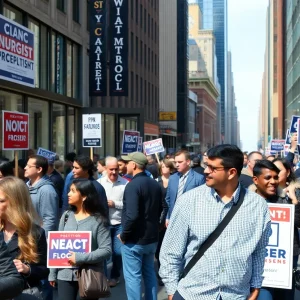 A lively election campaign scene in New York City with citizens and campaign signage.