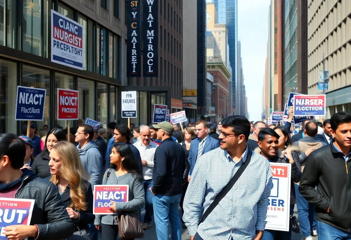 A lively election campaign scene in New York City with citizens and campaign signage.