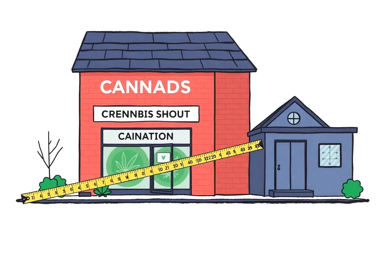 An illustration of a cannabis dispensary and a school highlighting proximity compliance issues.