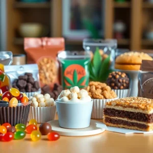 An artistic display of cannabis-infused edibles including gummies, chocolates, and pastries.