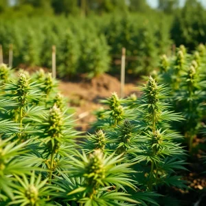Cannabis plants in a farm setting with caution signs highlighting product safety.