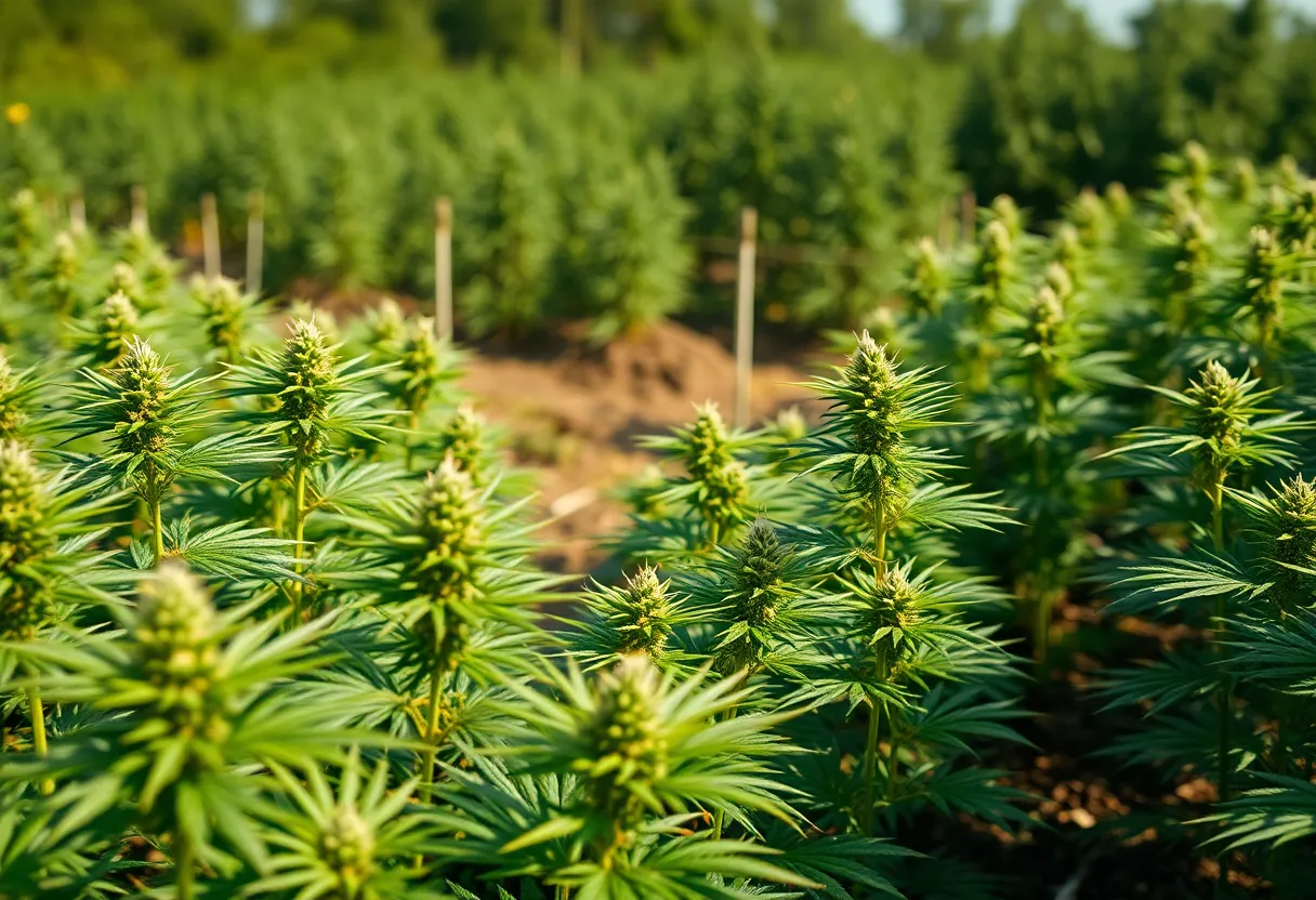 Cannabis plants in a farm setting with caution signs highlighting product safety.