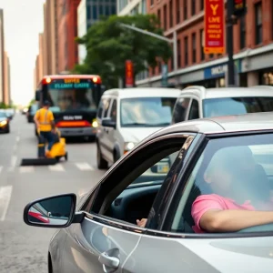 A person sitting inside a parked car in New York City during a street sweeping event.