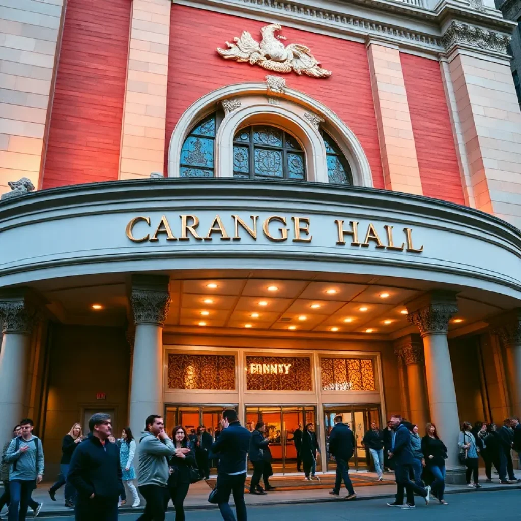 Carnegie Hall building with people arriving for performances