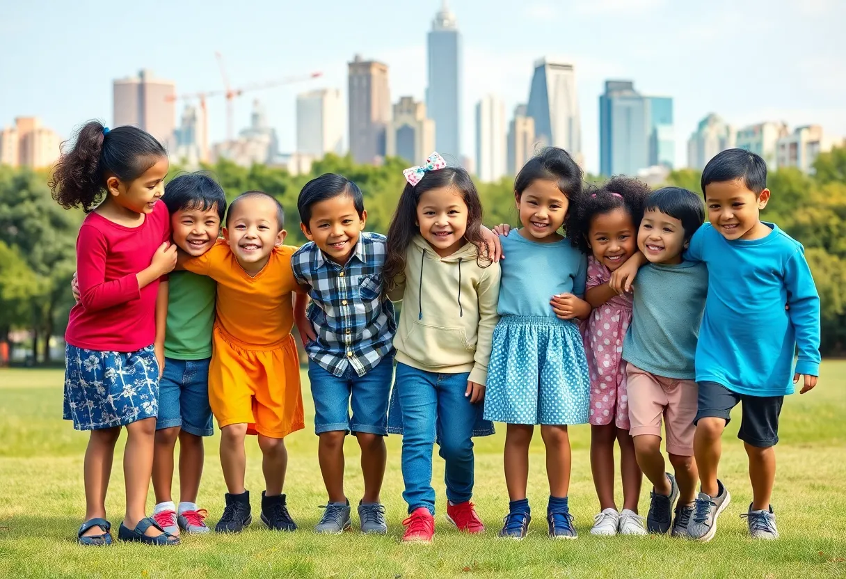 A group of diverse children playing in a park in New York, representing health and wellness.