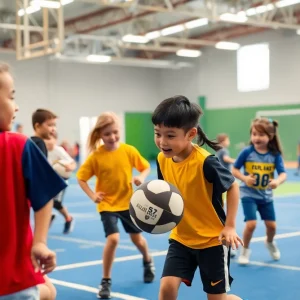 A diverse group of children playing sports together in a youth sports facility.