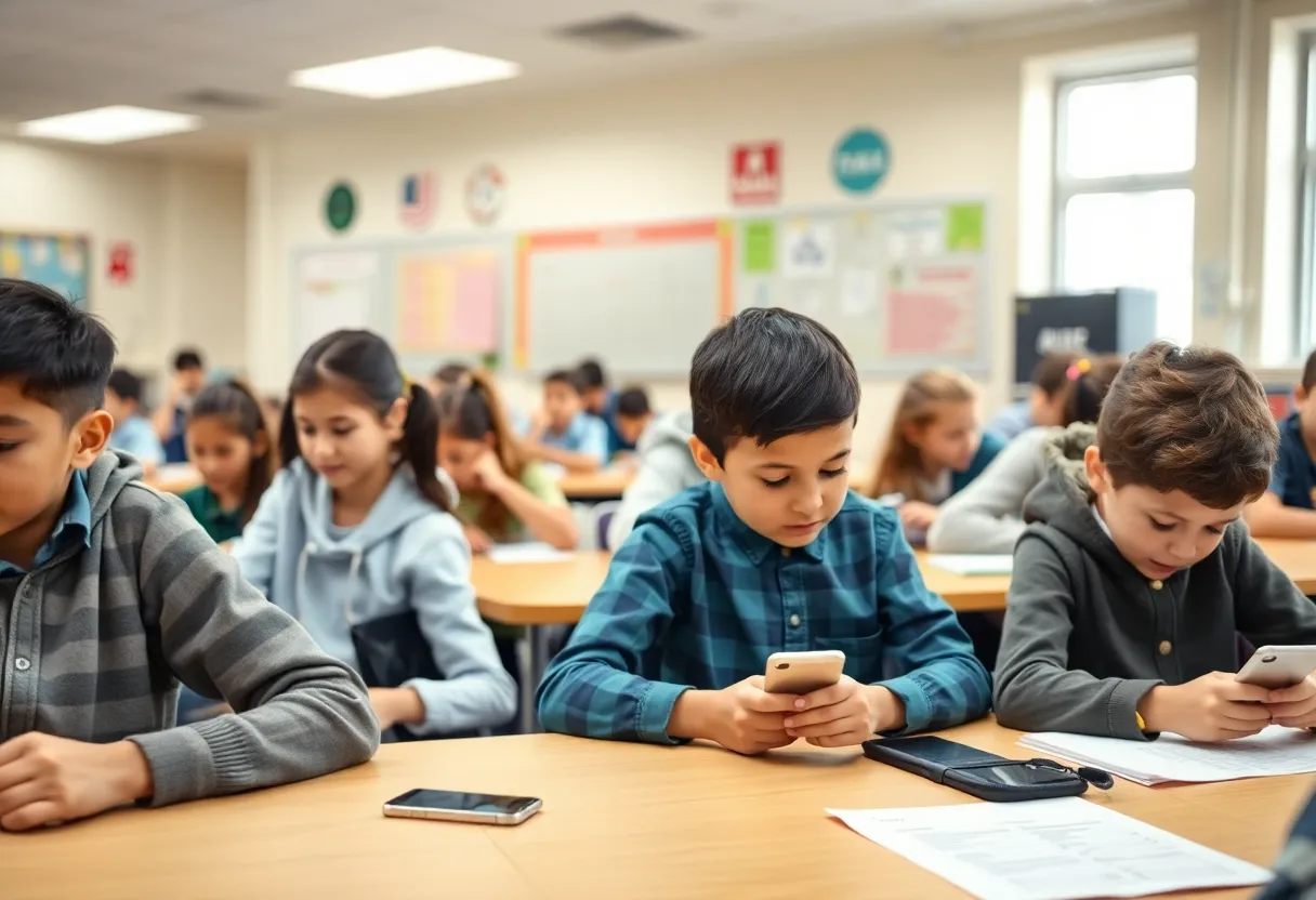 Classroom showing students with secured cell phones in pouches