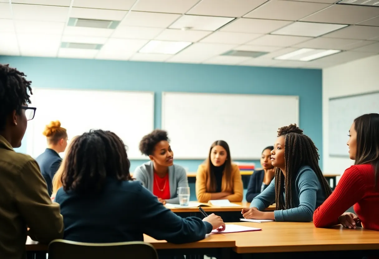 Diverse group of students engaged in a conversation about social equity in a classroom.